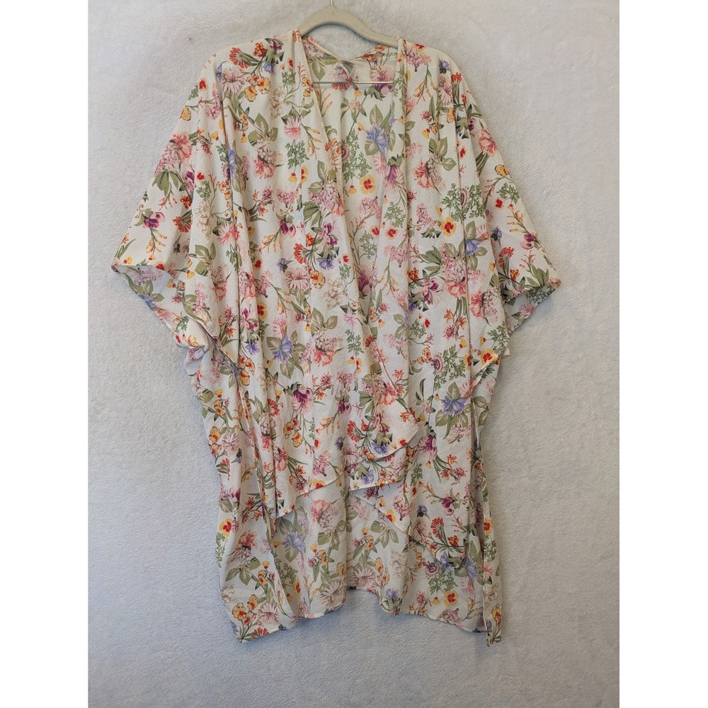 Kimono Cardigan Women's One Size Cream Floral High-Low Open Front